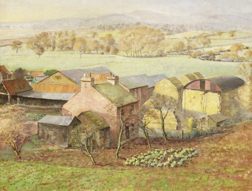 Lot 1073 - S Robert Watson (20th century)
A LANDSCAPE WITH FARM BUILDINGS
Indistinctly signed l.r.
