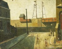 Lot 1276 - Modern British School
FIGURES PLAYING BESIDE A DOCKYARD
Oil on canvas
19 x 22cm