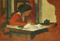 Lot 1086 - Francis E Jackson (1872-1945)
A WOMAN SEATED AT  A DESK
Oil on canvas laid down on board
24 x 33cm