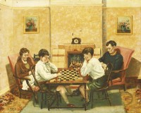 Lot 1277 - A...Bruce (20th century)
A FAMILY IN AN INTERIOR WITH TWO BOYS PLAYING CHESS
Signed and dated 1958 l.l.