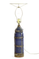 Lot 269A - A Marrakesh blue glazed pottery table lamp of cylindrical form with metal mounts