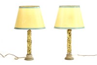 Lot 246A - A pair of Chinese carved gilt wood table lamps with ovoid cream and green shades