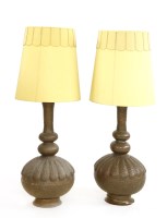 Lot 530 - A pair of Indian brass lamps with large silk shades