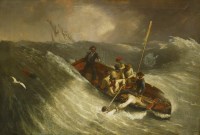 Lot 372 - William John Huggins (1781-1845)
A MAN OVERBOARD BEING RESCUED BY CREW IN A SHIP'S CUTTER IN HIGH SEAS;
THE RESCUE BOAT RETURNING TO A SIXTH-RATE ROYAL NAVY SLOOP IN HIGH SEAS
A pair