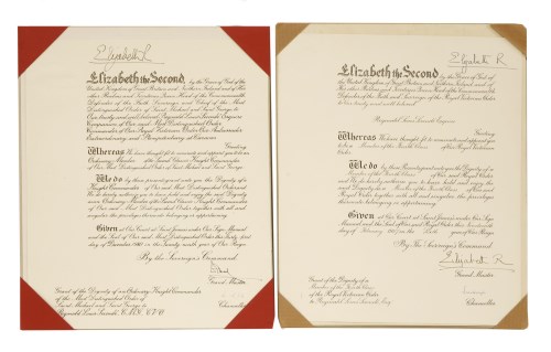Lot 87 - Queen Elizabeth II: Seven SIGNED Awards & Appointments  all given to Reginald Louis Secondé KCMG CVO (28 July 1922 - 26 October 2017). TWO for: The Most Distinguished Order of Saint Michael and Saint