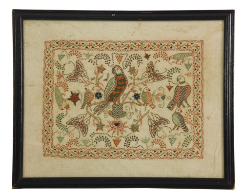 Lot 444 - An early 20th century Indian embroidered picture depicting parrots amongst foliage