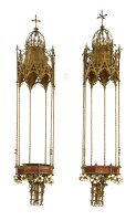 Lot 637 - A pair of Gothic wrought iron hanging planters with painted detail