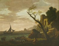 Lot 345 - Follower of William Marlow
A SOUTHERN COASTAL SCENE WITH FIGURES AND BOATS IN THE FOREGROUND NEAR CASTLE RUINS