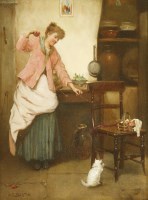 Lot 363 - A...D...Bastin (fl.1883-1907)
A WOMAN AND A KITTEN PLAYING WITH A BALL OF WOOL IN AN INTERIOR
Signed l.r.