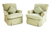 Lot 585 - A pair of green upholstered armchairs