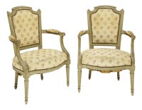 Lot 494 - A pair of green painted French fauteuil armchairs