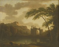 Lot 346 - Circle of Thomas Walmsley (1763-1805)
A MOUNTAINOUS LAKE LANDSCAPE AT DUSK WITH FIGURES IN THE FOREGROUND AND CASTLE RUINS
Oil on canvas
51.5 x 62cm