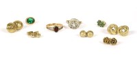 Lot 31 - A collection of gold items to include a gold white stone cluster ring. Tested as approximately 18ct gold. 2.25g. And six pairs of gold earrings