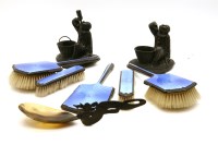 Lot 180 - A silver and blue enamel five piece dressing table set