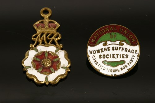 Lot 85 - Two enamel badges: the first a Suffrage badge 'National Union of Women's Suffrage Societies Constitutional non party' the other with crowned MR initials over a flower head.