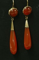 Lot 19 - A pair of Victorian gold cornelian drop earrings