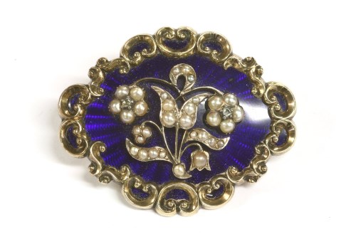 Lot 92 - A Victorian diamond split pearl and blue enamel