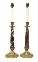 Lot 58 - A pair of bronze and marble table lamps and shades
