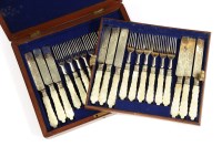 Lot 353 - A cased set of twelve Edwardian silver-plated and mother-of-pearl fruit knives and forks