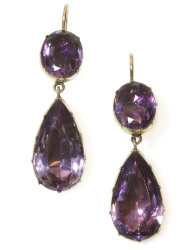 Lot 308 - A pair of Georgian two stone foil backed amethyst drop earrings