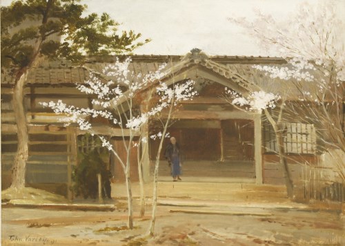 Lot 675 - John Varley Jnr (1850-1933)
A FIGURE AT THE ENTRANCE TO A HOUSE IN JAPAN
Signed and dated '91 l.l.
