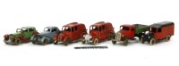 Lot 217 - Five pre-war die-cast toy vehicles: Dinky Royal Mail Van'; Tootsietoy 'Lasalle' Saloon'; Dinky Toy Open Tourer; two Red Fire Cars
