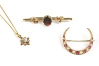 Lot 12 - A gold split pearl and ruby open crescent brooch
