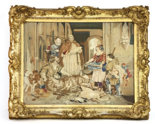 Lot 392 - A large Victorian needlework picture of a priest blessing the hunt