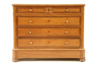 Lot 535 - A French walnut and marble topped commode chest of five graduated long drawers