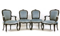 Lot 570 - A set of four Victorian ebonised and blue draylon upholstered salon chairs