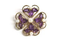 Lot 116 - A 9ct gold cultured pearl and pear shaped amethyst petal four leaf clover brooch