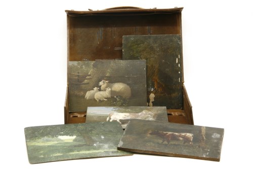 Lot 395 - An early 20th century leather case containing five 19th century and later oil on boards