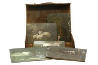 Lot 395A - An early 20th century leather case containing five 19th century and later oil on boards