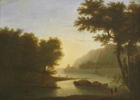 Lot 598 - Circle of John Rathbone (1745-1807)
A COASTAL LANDSCAPE AT SUNSET WITH FIGURES IN THE FOREGROUND;
A MOUNTAINOUS RIVER LANDSCAPE WITH A FISHERMAN IN THE FOREGROUND
A pair