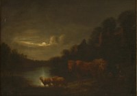 Lot 602 - Follower of Jacob van der Does
CATTLE AND SHEEP BY A LAKE BY MOONLIGHT
Oil on canvas
41.5 x 56cm