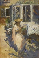 Lot 698 - Peter Kuhfeld (b.1952)
'ANNE IN FRONT OF THE CONSERVATORY - EARLY MORNING'
Signed l.r.