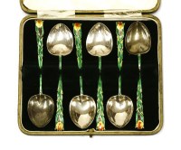 Lot 25 - A set of six silver and enamel teaspoons