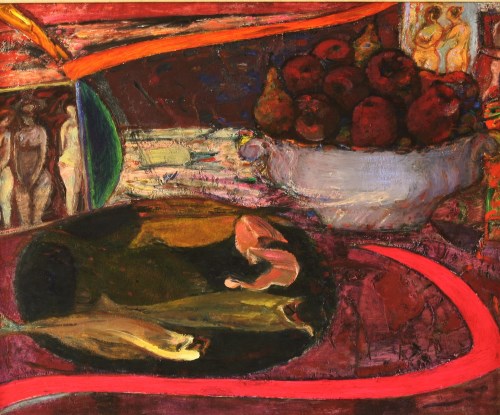 Lot 7 - Sir Robin Philipson RA RSA RSW (1916-1992)
STILL LIFE WITH A PLATE OF FISH AND BOWL OF FRUIT
Signed and dated 1990/91 verso