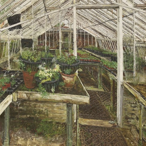 Lot 46 - Olwyn Bowey RA (b.1936) 
'MYRTLE'S HANGING BASKETS'
Signed and dated 1989 l.l.