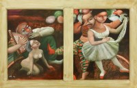Lot 224 - Mick Rooney RA (b.1944)
CLOWNS AND DANCERS - DIPTYCH
Signed with initials and dated '04 l.l.