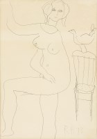 Lot 398 - Roger Hilton (1911-1975)
STANDING NUDE WITH BIRD AND CHAIR
Signed with initials and dated '73 l.r.