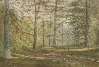 Lot 476 - J... Adam (late 19th century)
A WOODLAND GLADE; 
FIGURES BY A BUILDING
Two