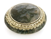 Lot 9 - A French silver-mounted moss agate circular snuff box