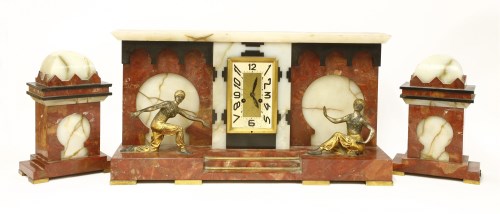 Lot 197 - An Art Deco marble and onyx three-piece clock garniture