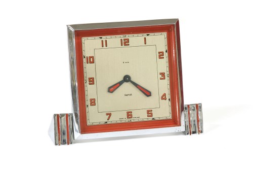 Lot 68 - A cased Art Deco chrome and red enamel Smith's mechanical eight day Boudoir clock
