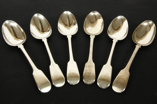 Lot 108 - Six George IV silver fiddle pattern table spoons