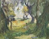 Lot 47 - Ronald Ossory Dunlop RA (1894-1973)
A SEATED FIGURE IN A WOODED LANDSCAPE
Signed l.r.