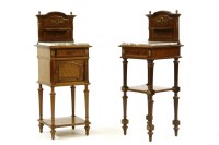 Lot 519 - A pair of late 19th century Louis style walnut and parquetry marble topped bedside cabinets