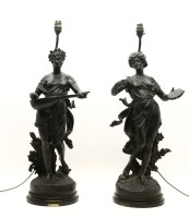 Lot 531 - A pair of spelter figural table lamps 'Chant des Bles' and 'Chant de la Vigne'