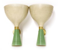 Lot 362 - A pair of Italian Stilnovo enamelled two-light wall lamps